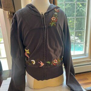 Anthropologie Saturday Sunday Hoodie M Gray Brown Floral Embroidered Boho Cotton